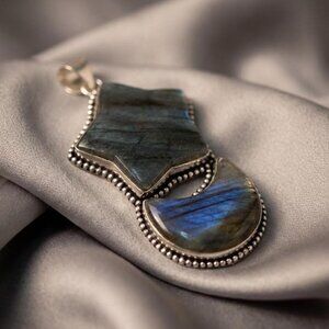 Labradorite Pendant Sterling Silver Bale Natural Stone Statement Jewelry 3"